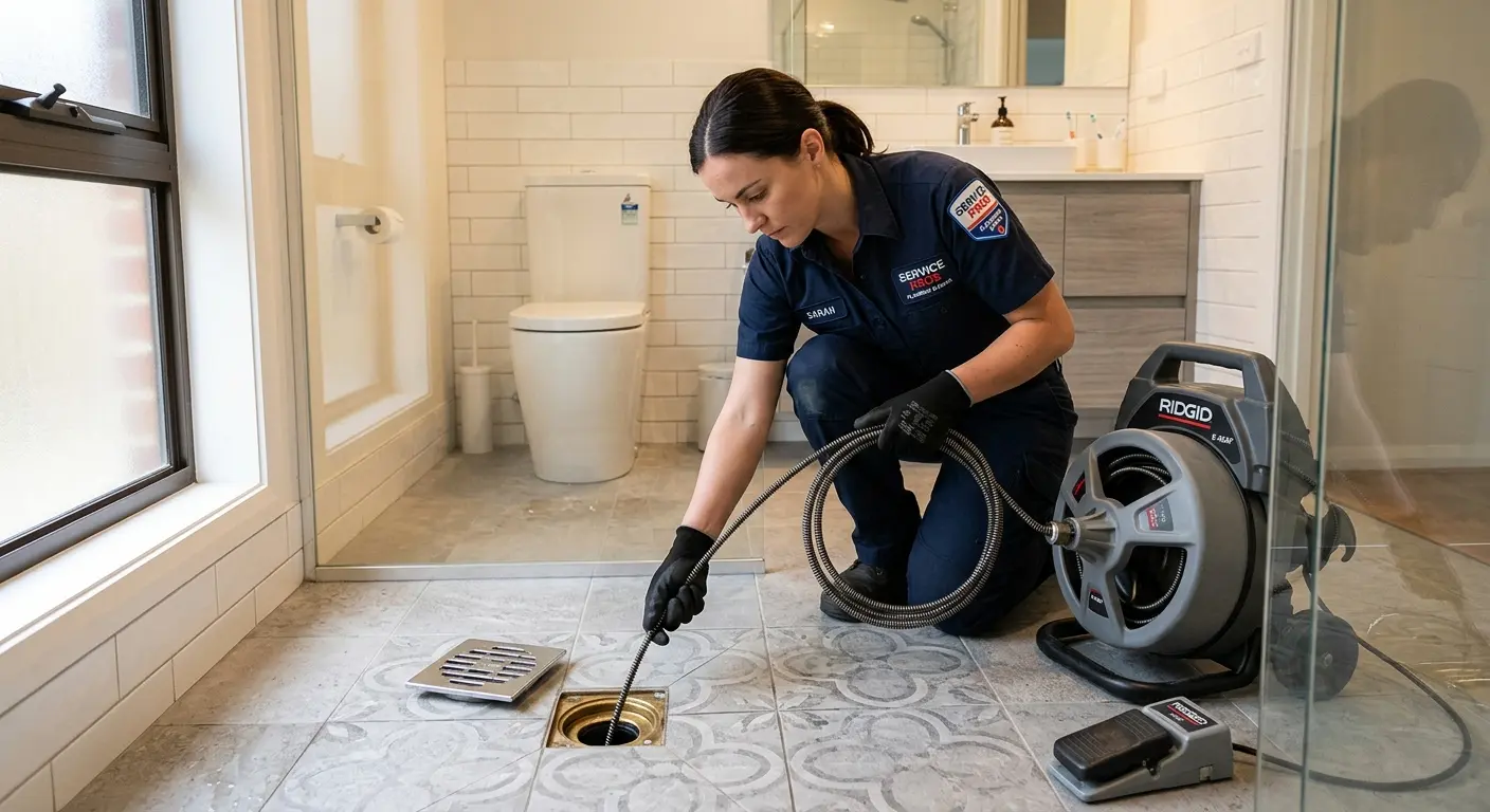 Technician clearing a bathroom floor drain for Hydro Jetting in Brandywine